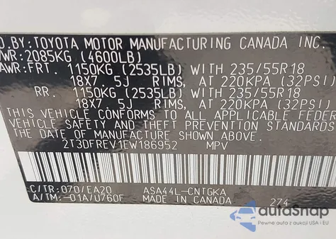 2014 Toyota Rav4 Limited z USA, uszkodzony, nr VIN 2T3DFREV1EW186952